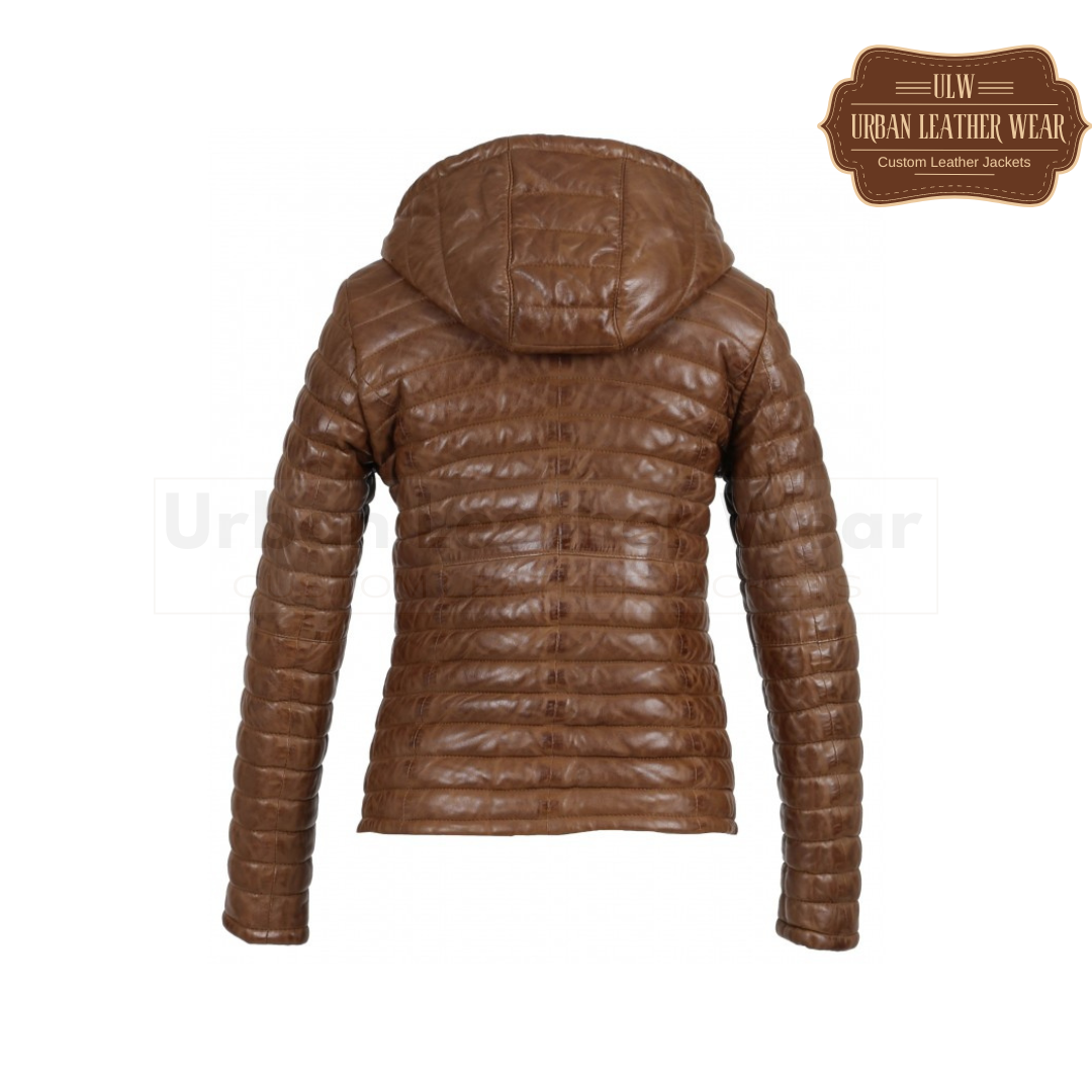 Two-Tone Genuine Leather Hooded Down Jacket (Coffee color)