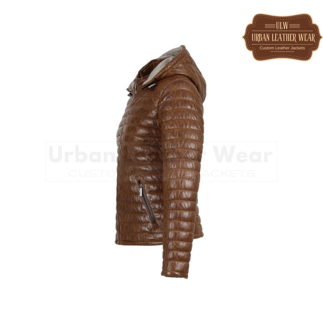 Two-Tone Genuine Leather Hooded Down Jacket (Coffee color)
