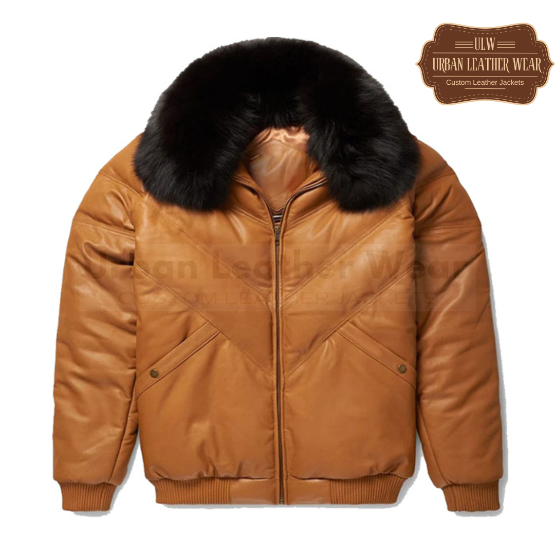 Men Camel Cognac Leather V-Bomber puffer Jacket