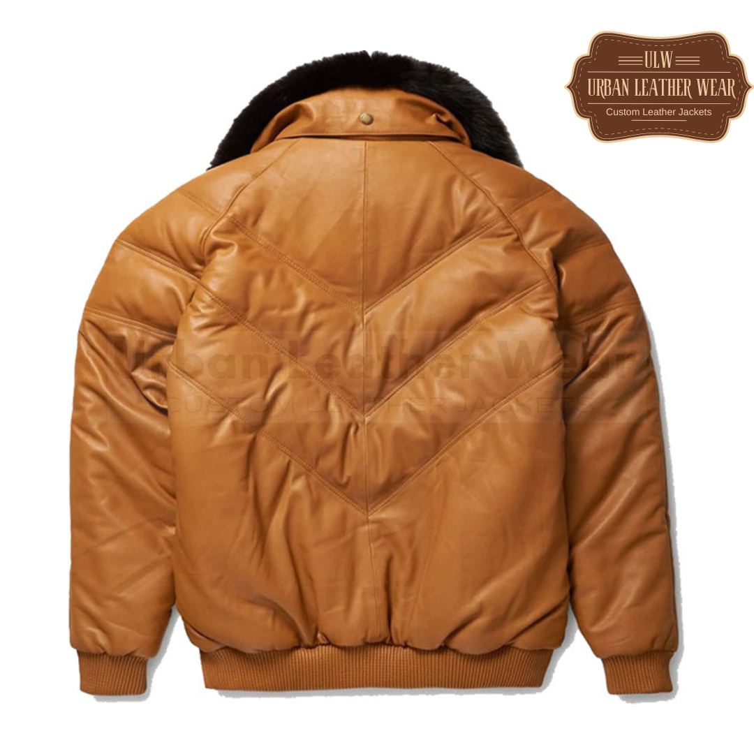 Men Camel Cognac Leather V-Bomber puffer Jacket