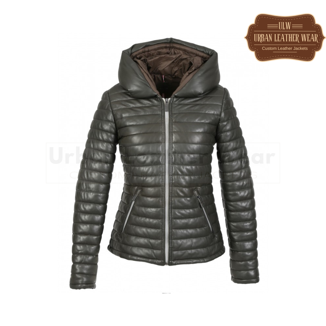 Short genuine leather down jacket with lapel hood Dark Khaki, featuring a front YKK zip closure and two outer pockets for a stylish, warm look.