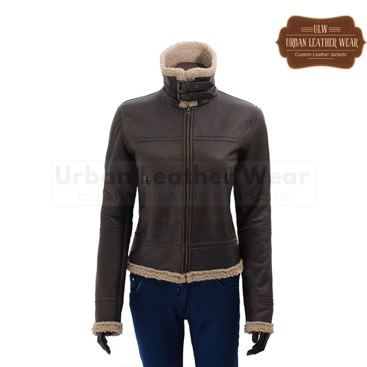 Dark Brown Leather Sherpa Jacket for Women