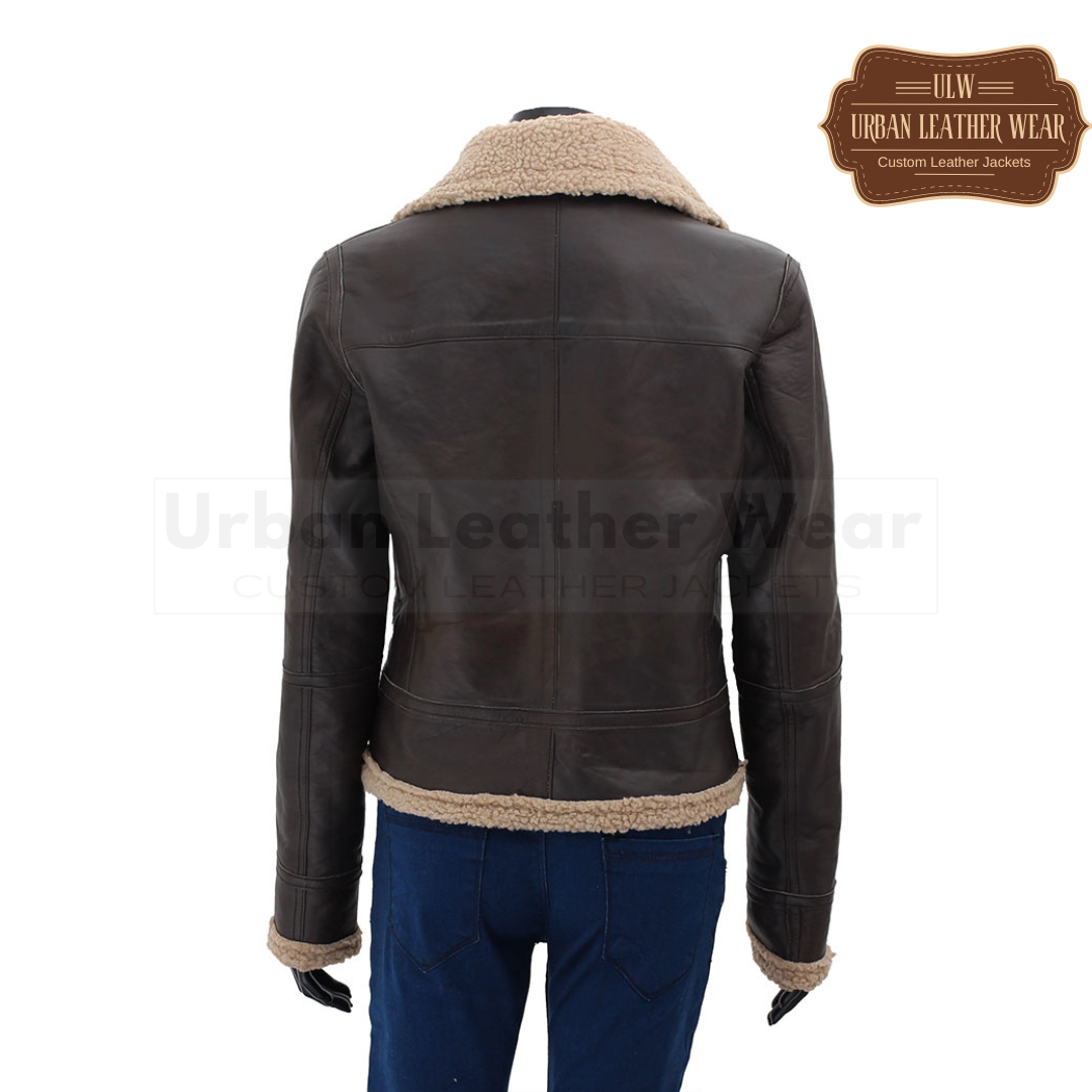 Dark Brown Leather Sherpa Jacket for Women