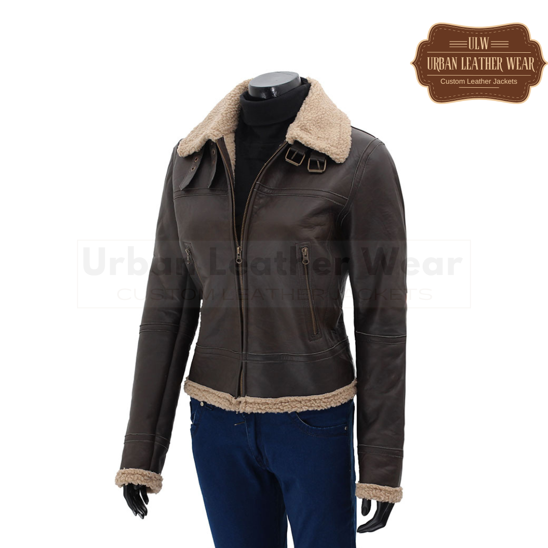 Dark Brown Leather Sherpa Jacket for Women