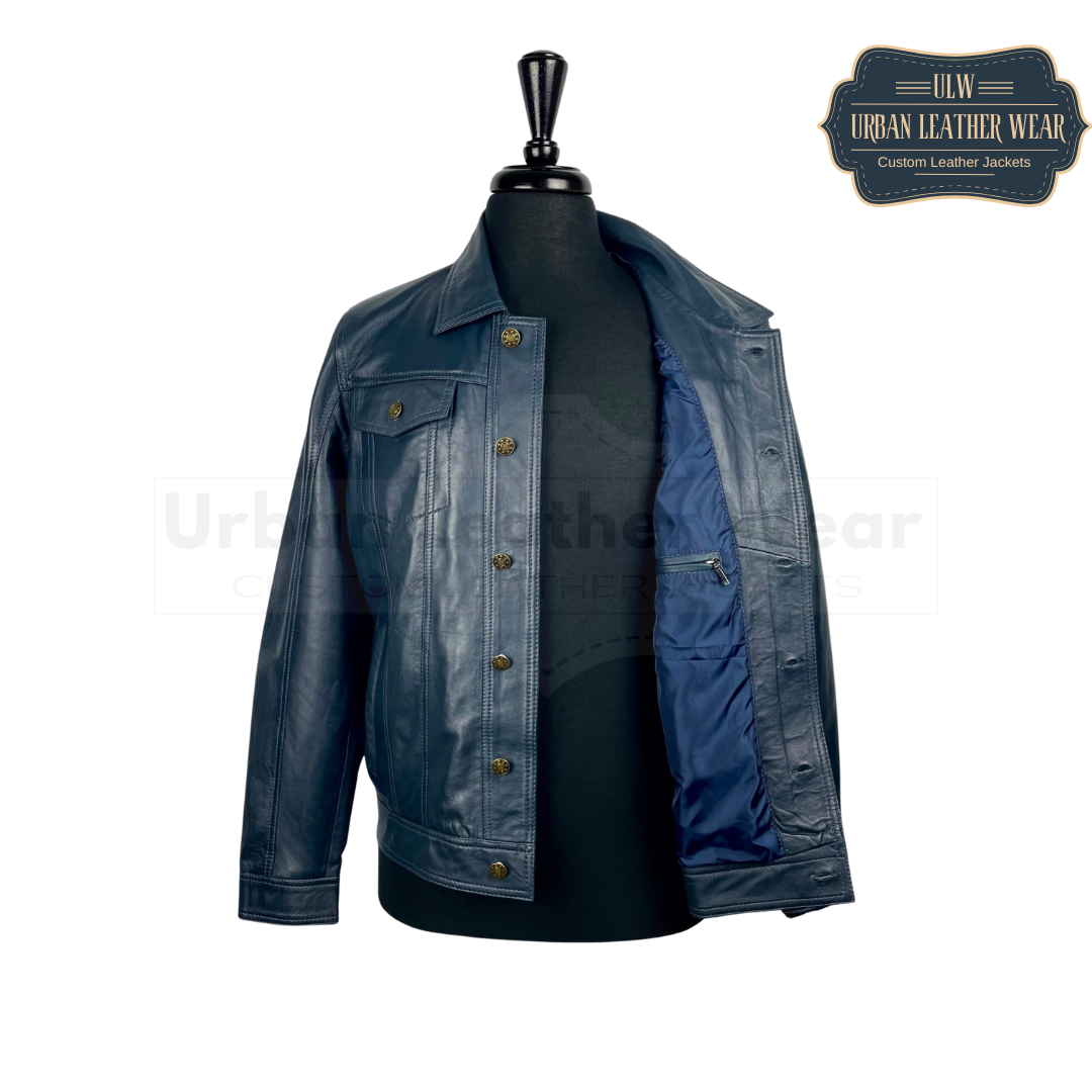 Shop our Men Denim Style Blue Leather Trucker Jacket.