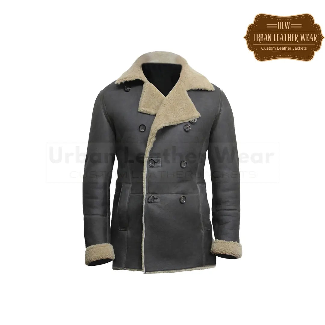 Buy our Double Breasted Leather Peacoat in a sleek shade of grey. 