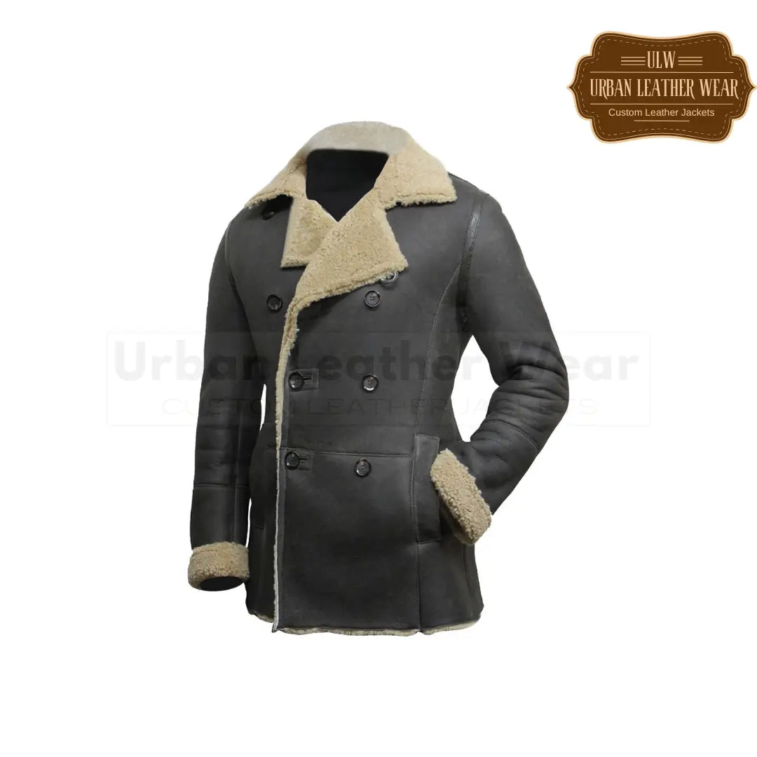 Buy our Double Breasted Leather Peacoat in a sleek shade of grey. 