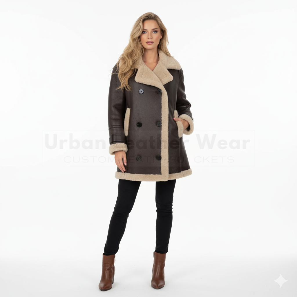 Woman wearing a brown coat with beige lining on a white background, branded 'Urban Native Wear'.