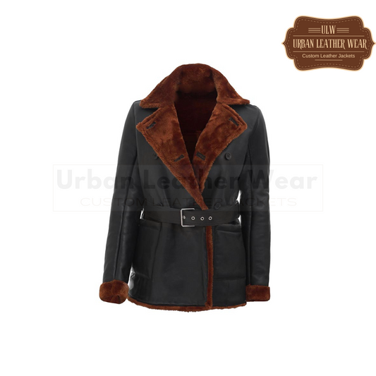 Double Breasted 3/4 Length Black Shearling Leather Coat for women