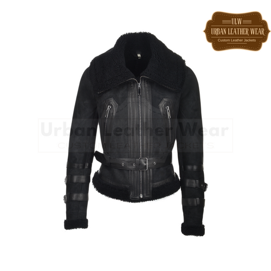 Buy our Women Fitted Aviator Flying Shearling Jacket in classic black.