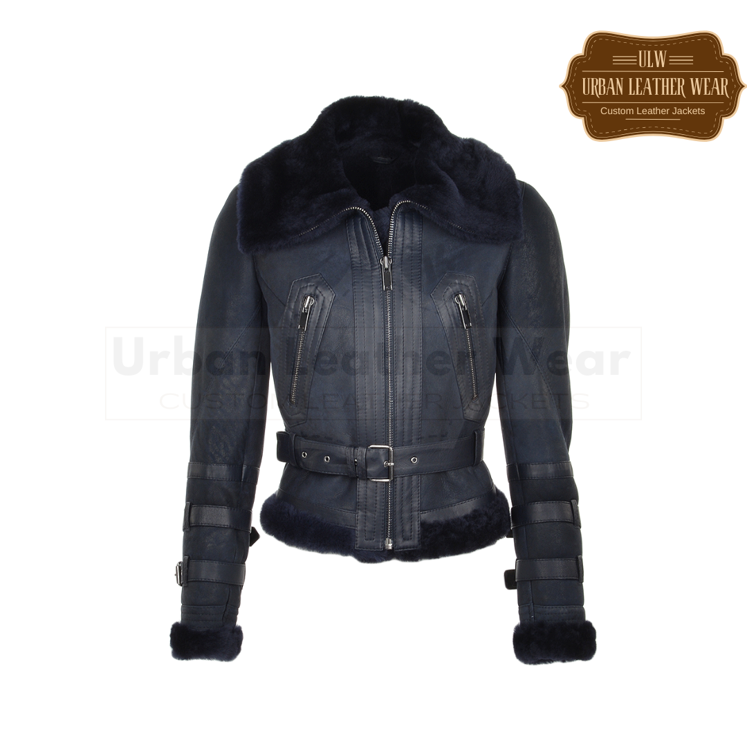 Buy our Women Fitted Aviator Flying Shearling Jacket in navy. 