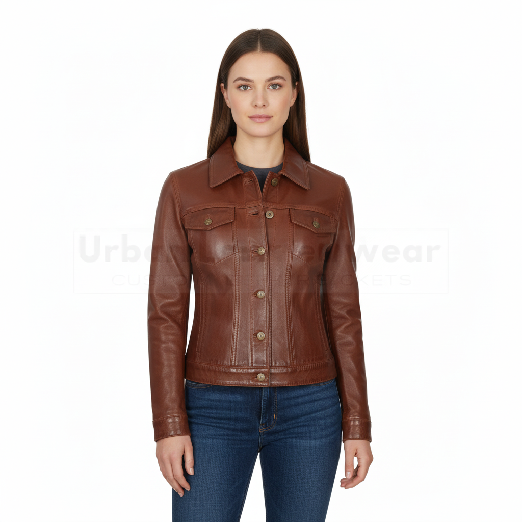 Front view of the Women wearing Western Leather Trucker Jacket in a rich cognac color.