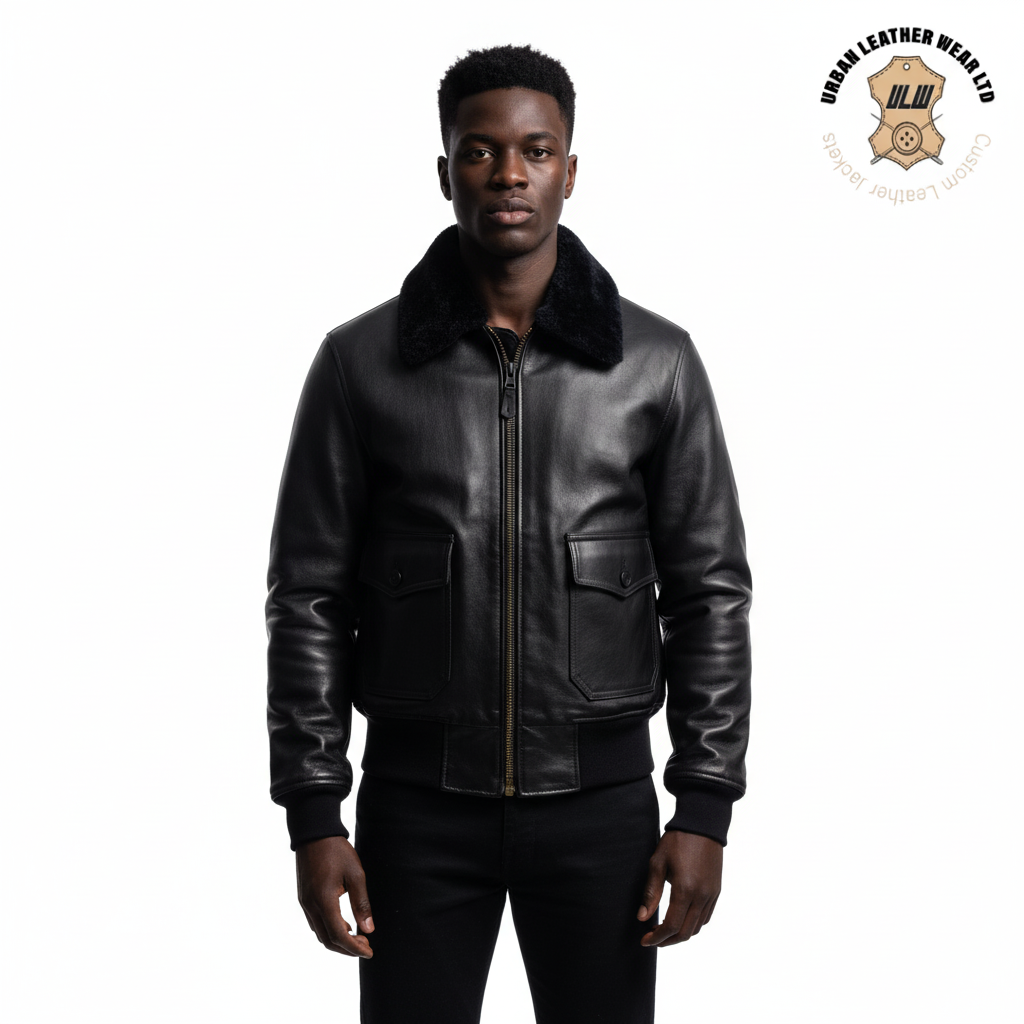 Man wearing a U.S. Navy G-1 leather flight jacket with fur collar on a white background, featuring Urban Leather Wear Ltd logo.