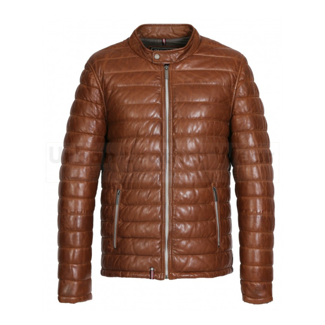 Genuine leather down jacket with press buttoned mandarin collar
