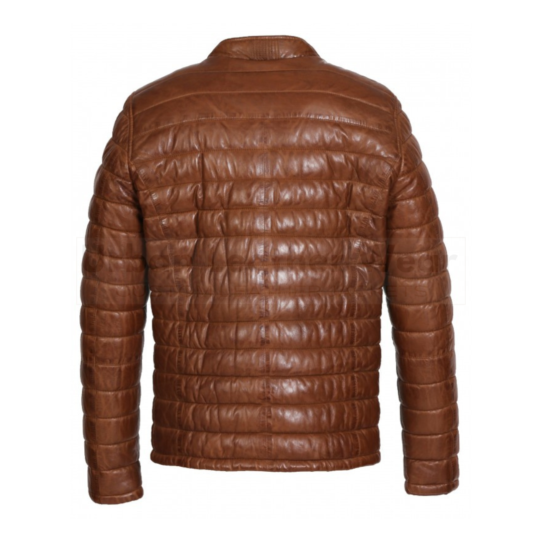 Genuine leather down jacket with press buttoned mandarin collar
