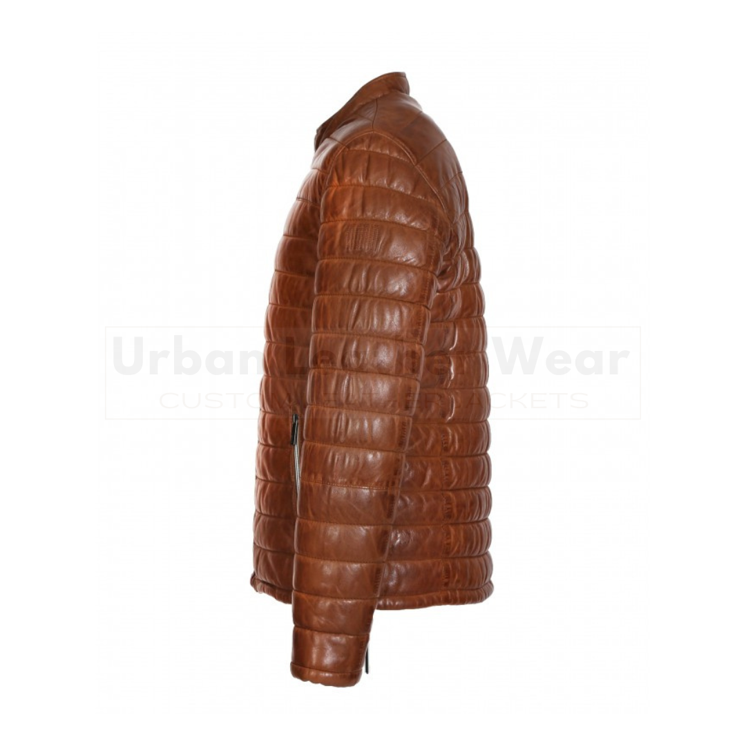 Genuine leather down jacket with press buttoned mandarin collar
