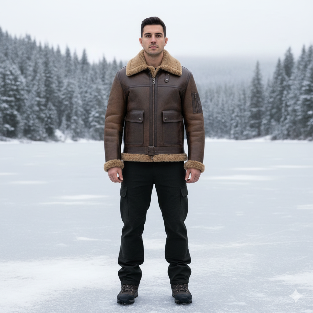 Men Wearing Arnold Schwarzenegger RAF B6 Shearling Leather Bomber Flying Jacket.
