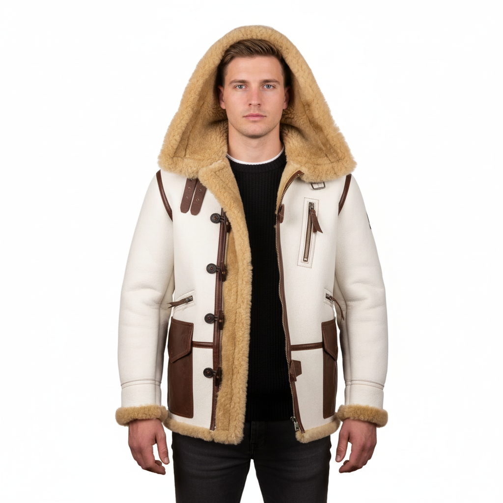 male Model wearing USAAF Type B-7 flight jacket in white leather with shearling hood - front view.