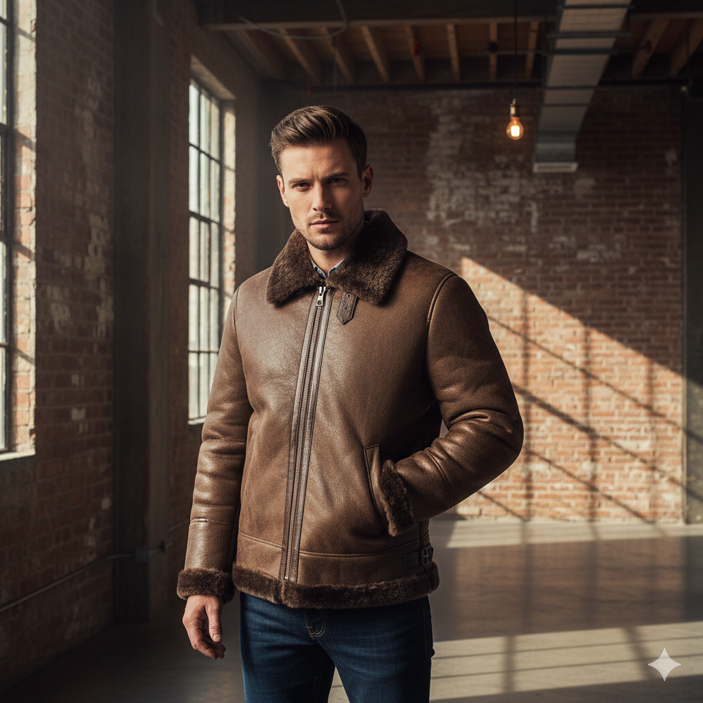 Man wearing a Real Leather Shearling jacket with high-end collar with fur trim in an industrial setting