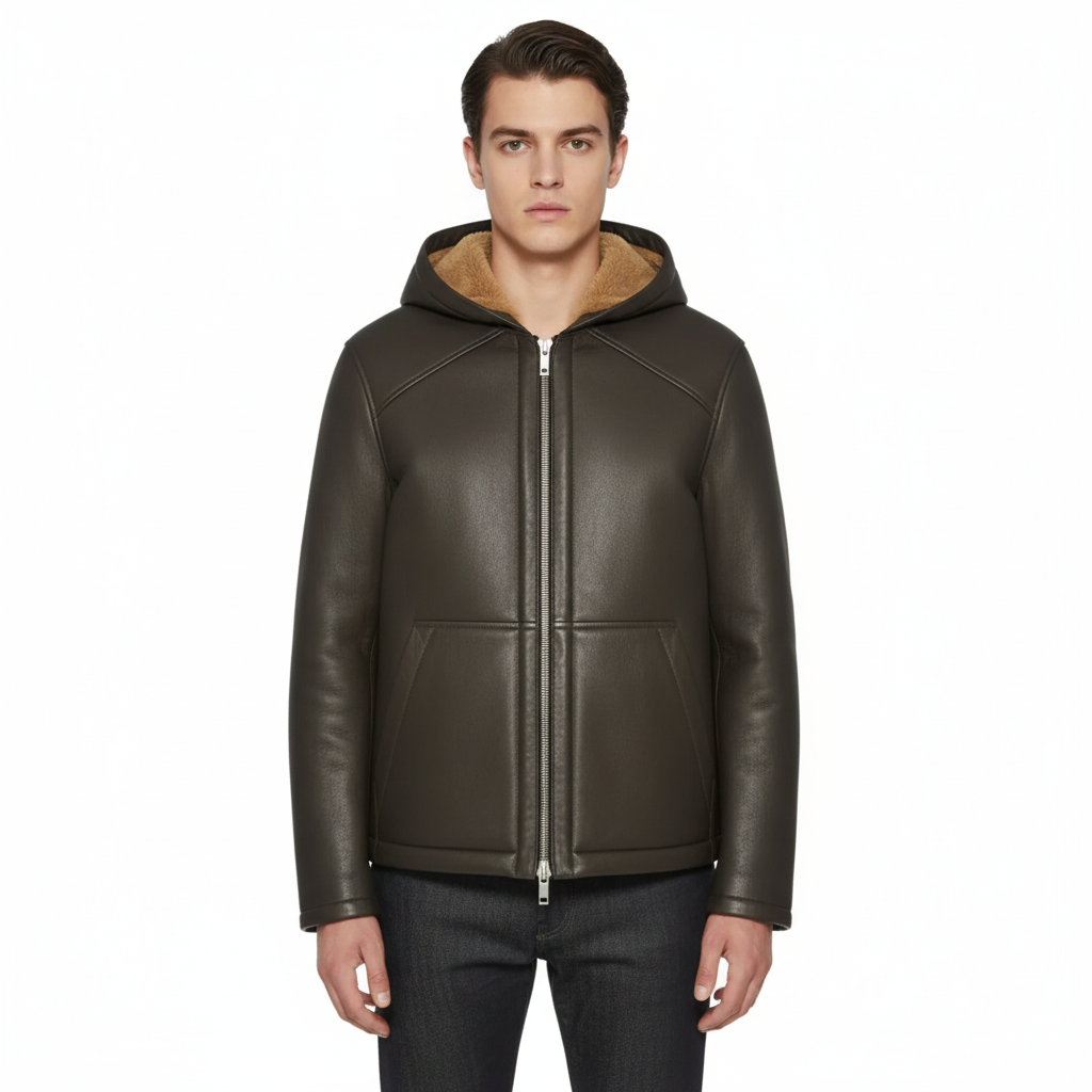 Men's silky shearling leather jacket in brown with a full front view with shearling hood