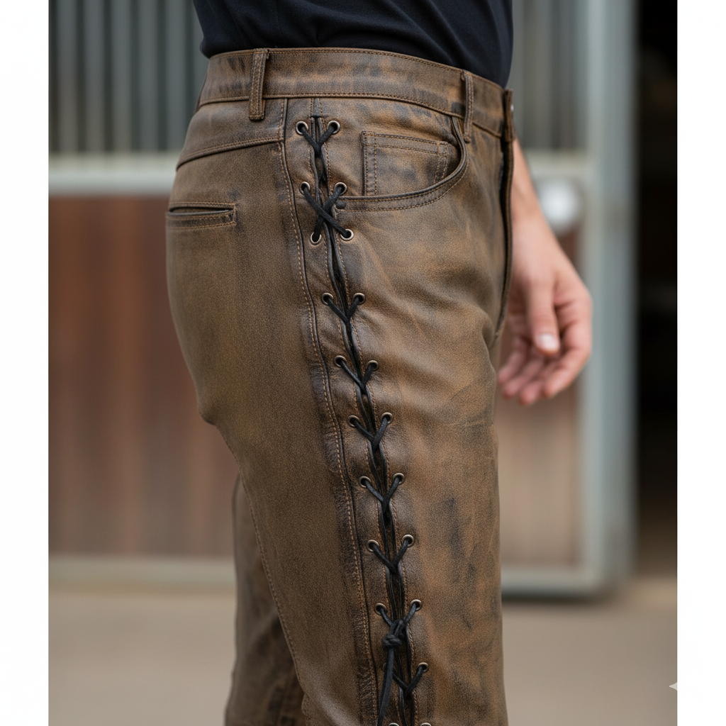 Detailed side view of the lacing on the men's brown leather riding pants.