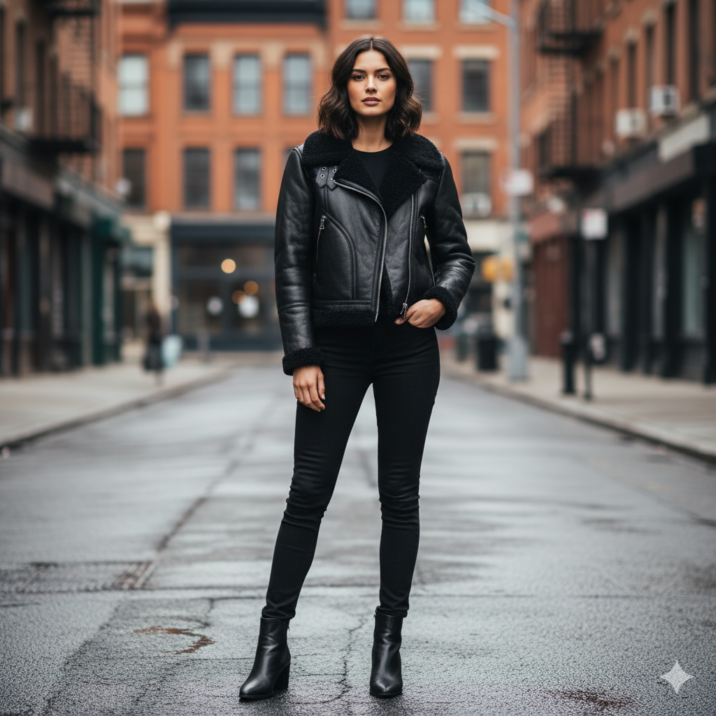 Woman wearing a cropped shearling collar leather bomber jacket.