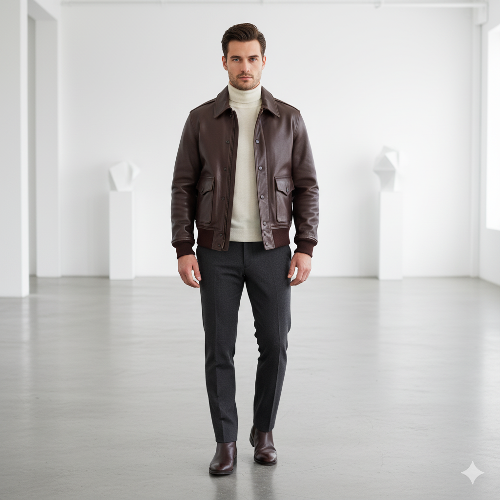 Man wearing a brown USAAF Type A-1 Flight Jacket, white turtleneck, and dark pants in a minimalistic setting.