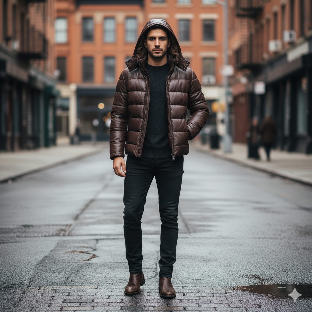 Men's brown real leather puffer jacket with the hood attached.