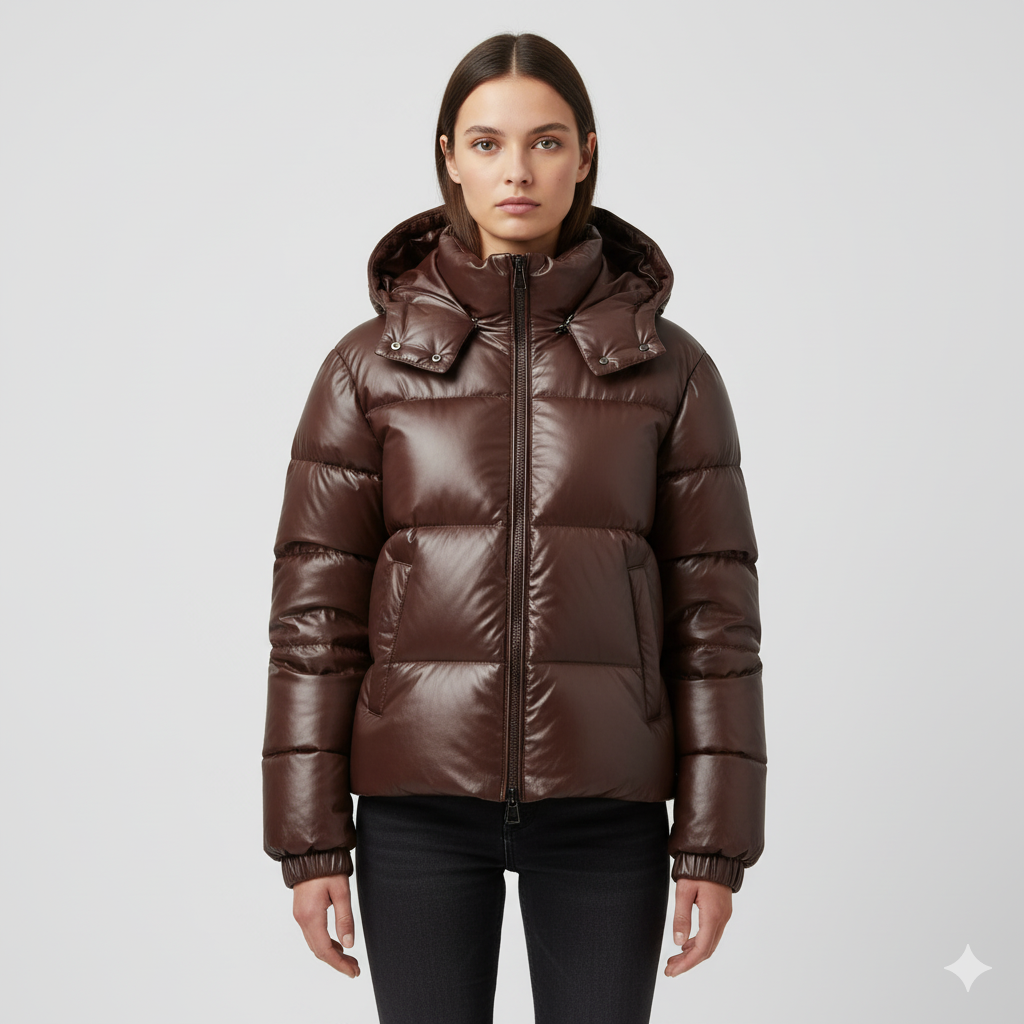 Ladies leather down jacket chocolate brown worn by a model on a light gray background