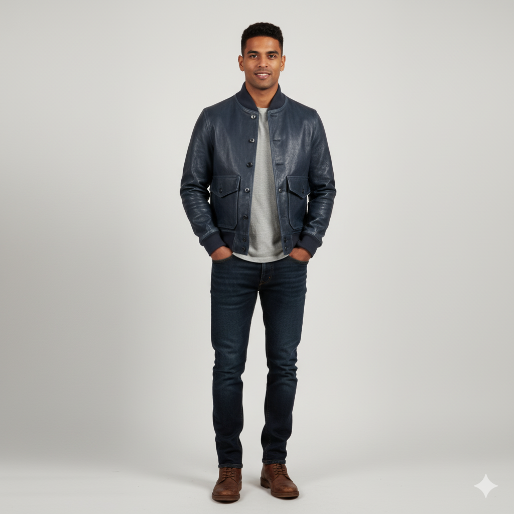 Men's navy blue A-1 leather flight bomber jacket - front view