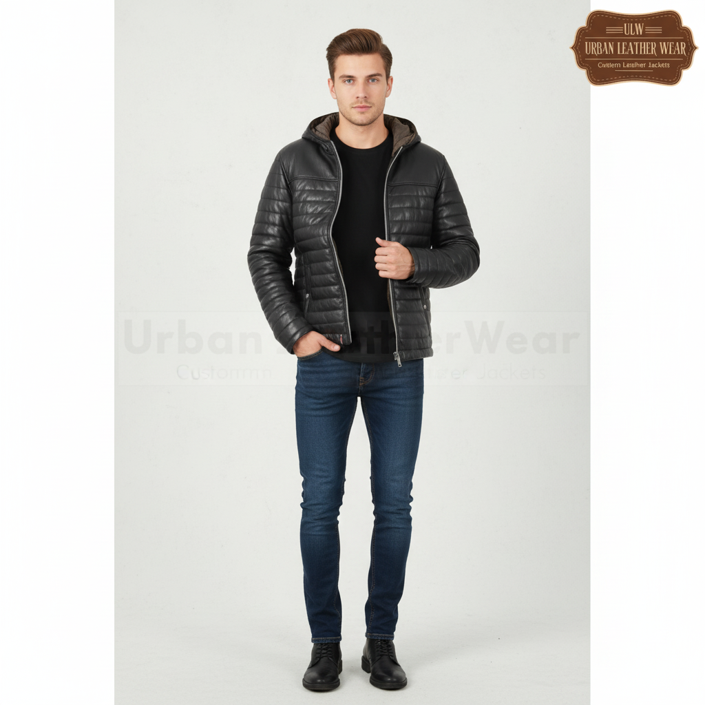 Man wearing a genuine leather down jacket (black) and jeans on a white background with 'Urban Leather Wear' branding.