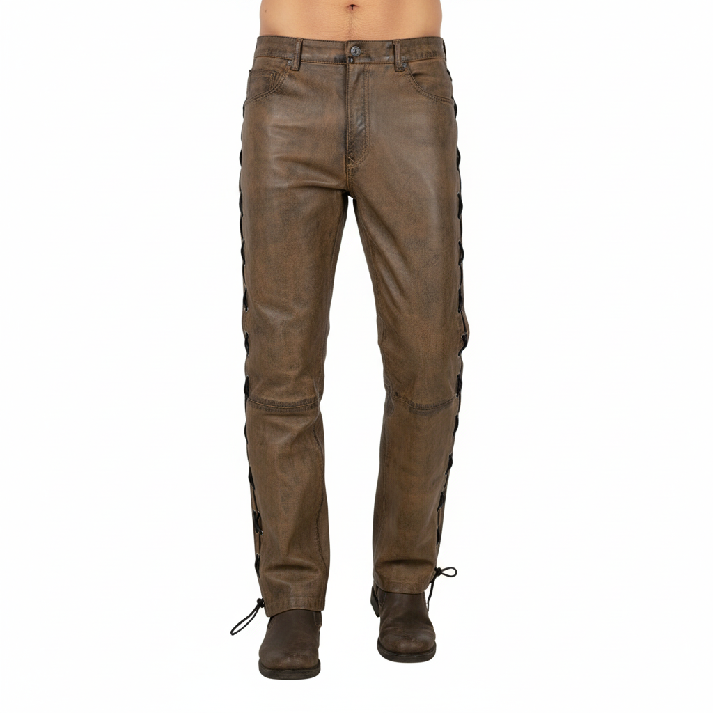 Men's brown leather motorcycle pants with side lacing - front view.