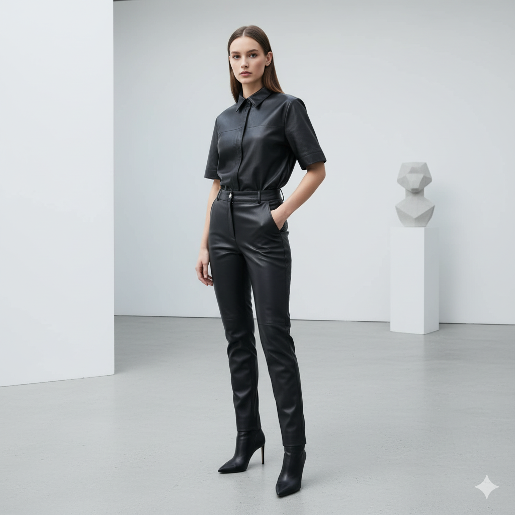 Woman wearing a short sleeves leather shirt 