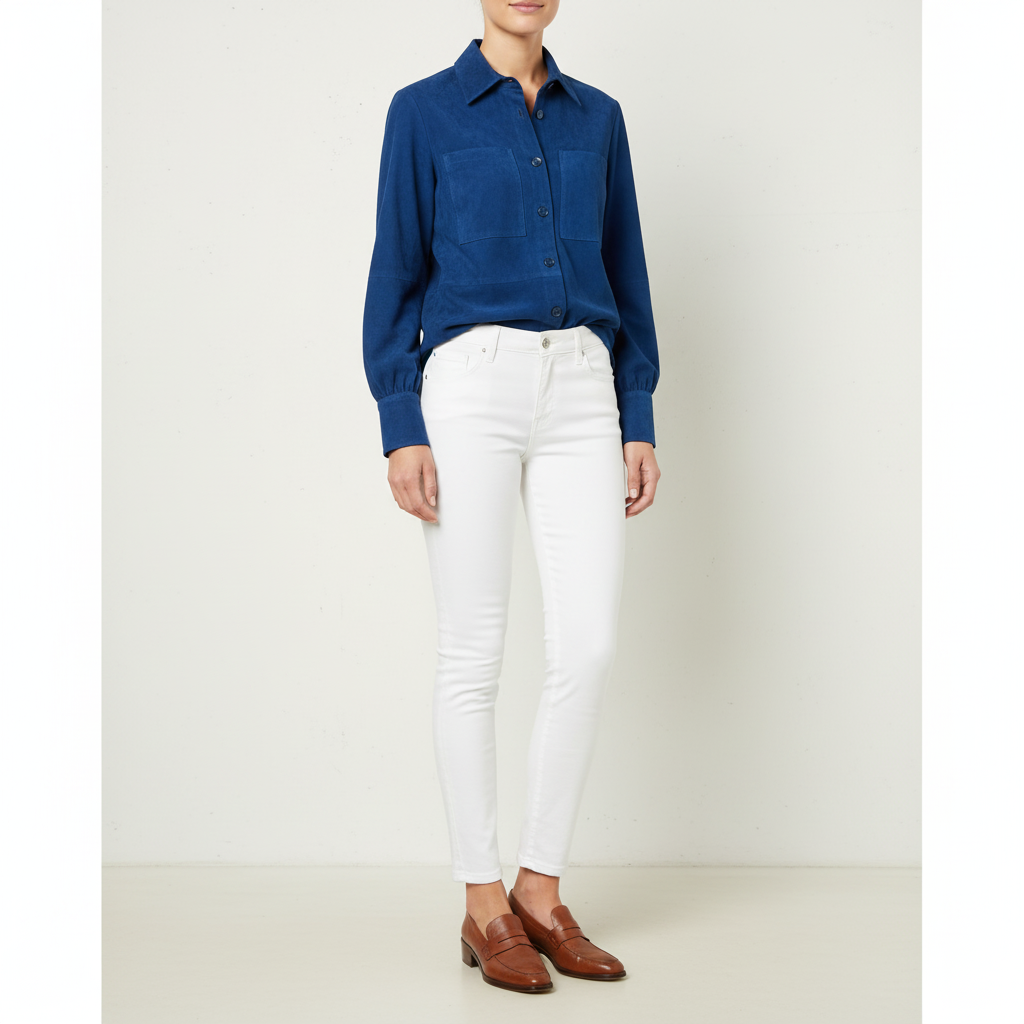 Women's blue suede leather button-up shirt - front view