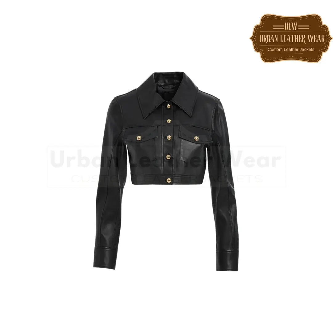 Shop our Gold Button Detail Short Black Leather Trucker Jacket. Cropped sleek and stylish look with its short design.