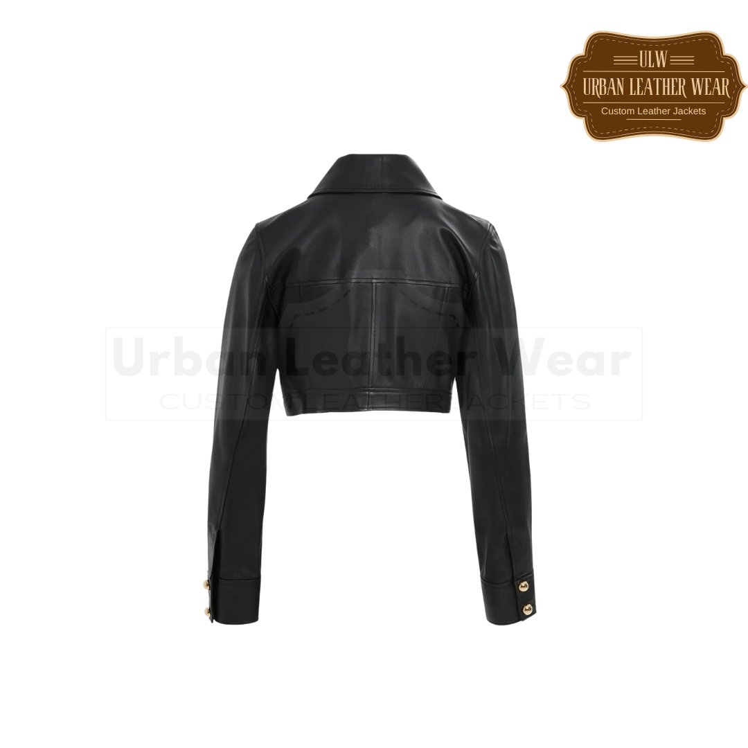 Shop our Gold Button Detail Short Black Leather Trucker Jacket. Cropped sleek and stylish look with its short design.