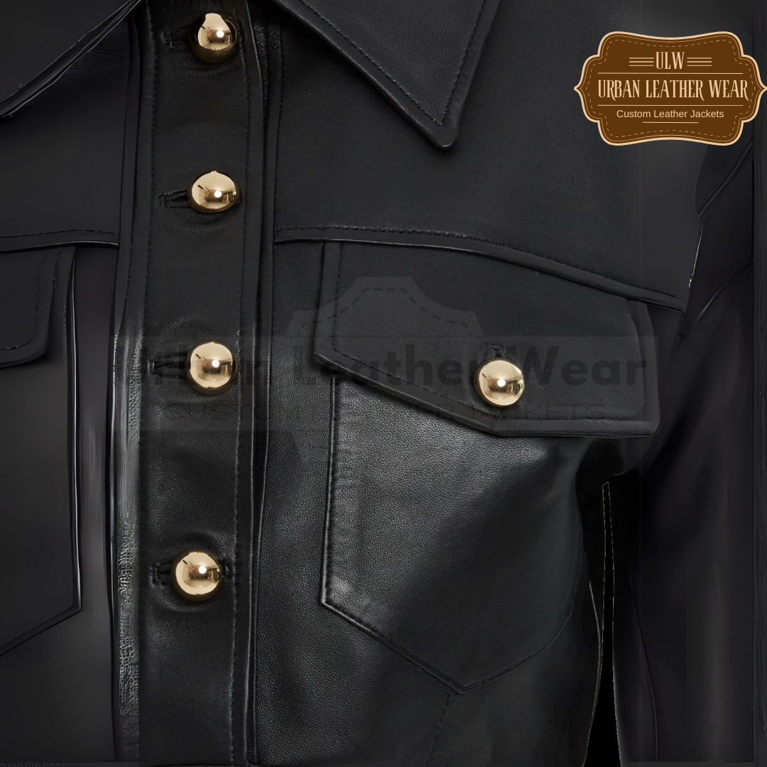 Shop our Gold Button Detail Short Black Leather Trucker Jacket. Cropped sleek and stylish look with its short design.