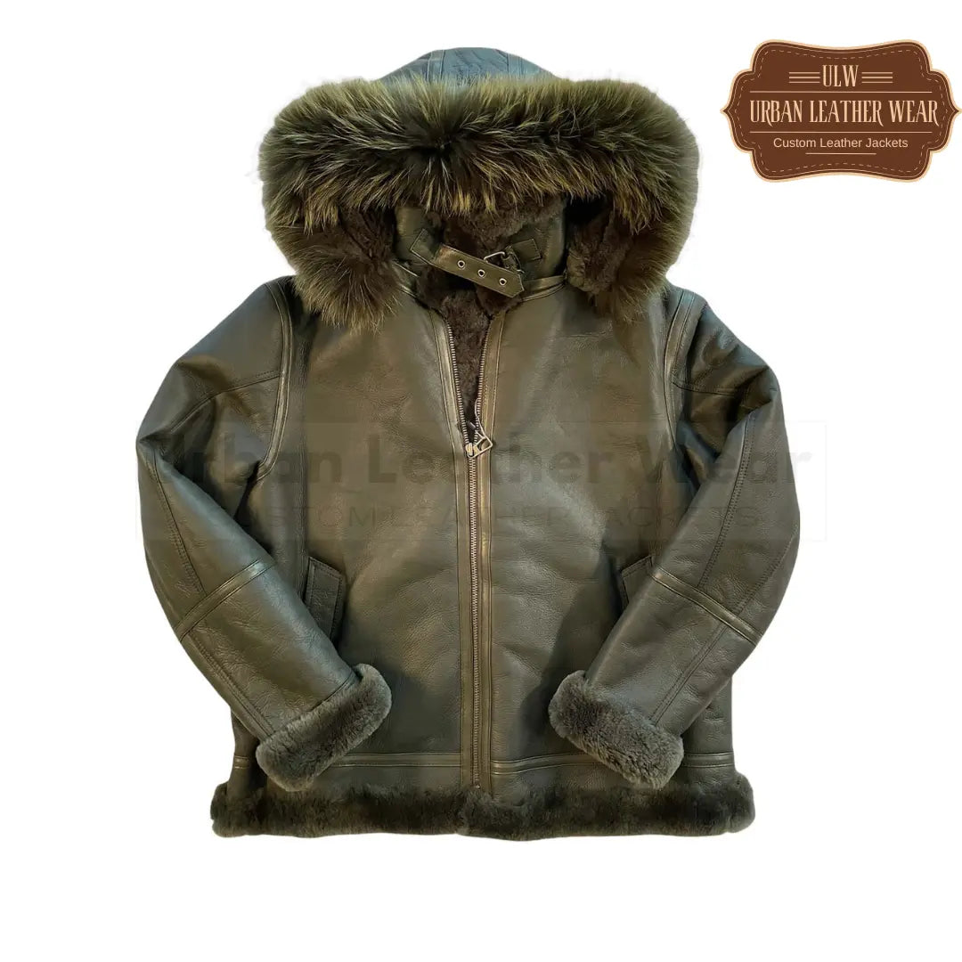 Green B3 Shearling Bomber Leather Jacket Hooded
