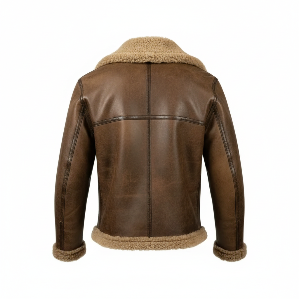 Back side of Hollywood superstar Arnold Schwarzenegger with this stunning RAF B6 Shearling Leather Bomber Flying Jacket