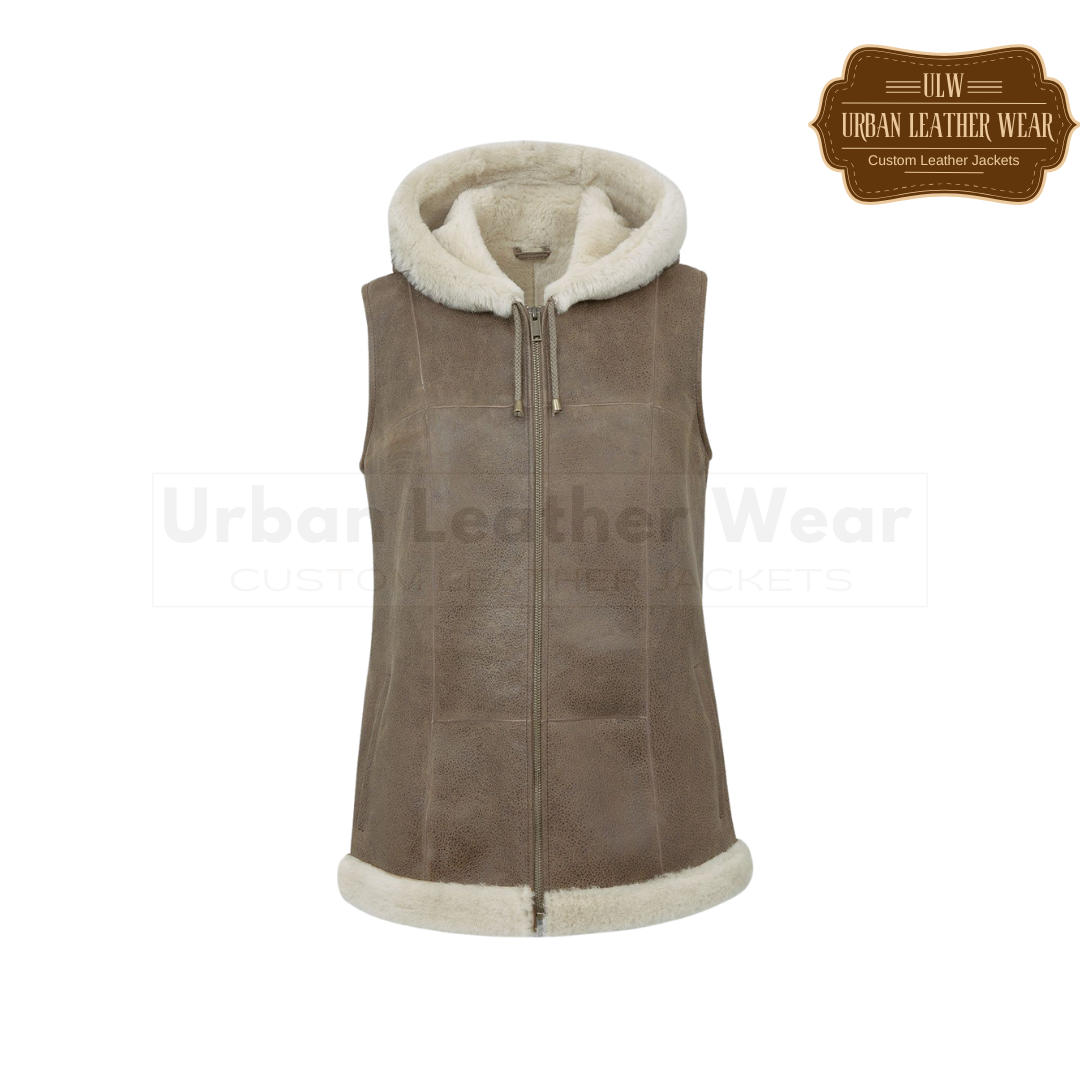 Women Hooded Shearling Body warmer URBAN LEATHER WEAR LTD