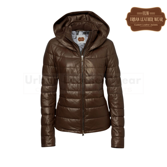 Ladies leather down jacket chocolate brown. Brown leather puffer jacket
