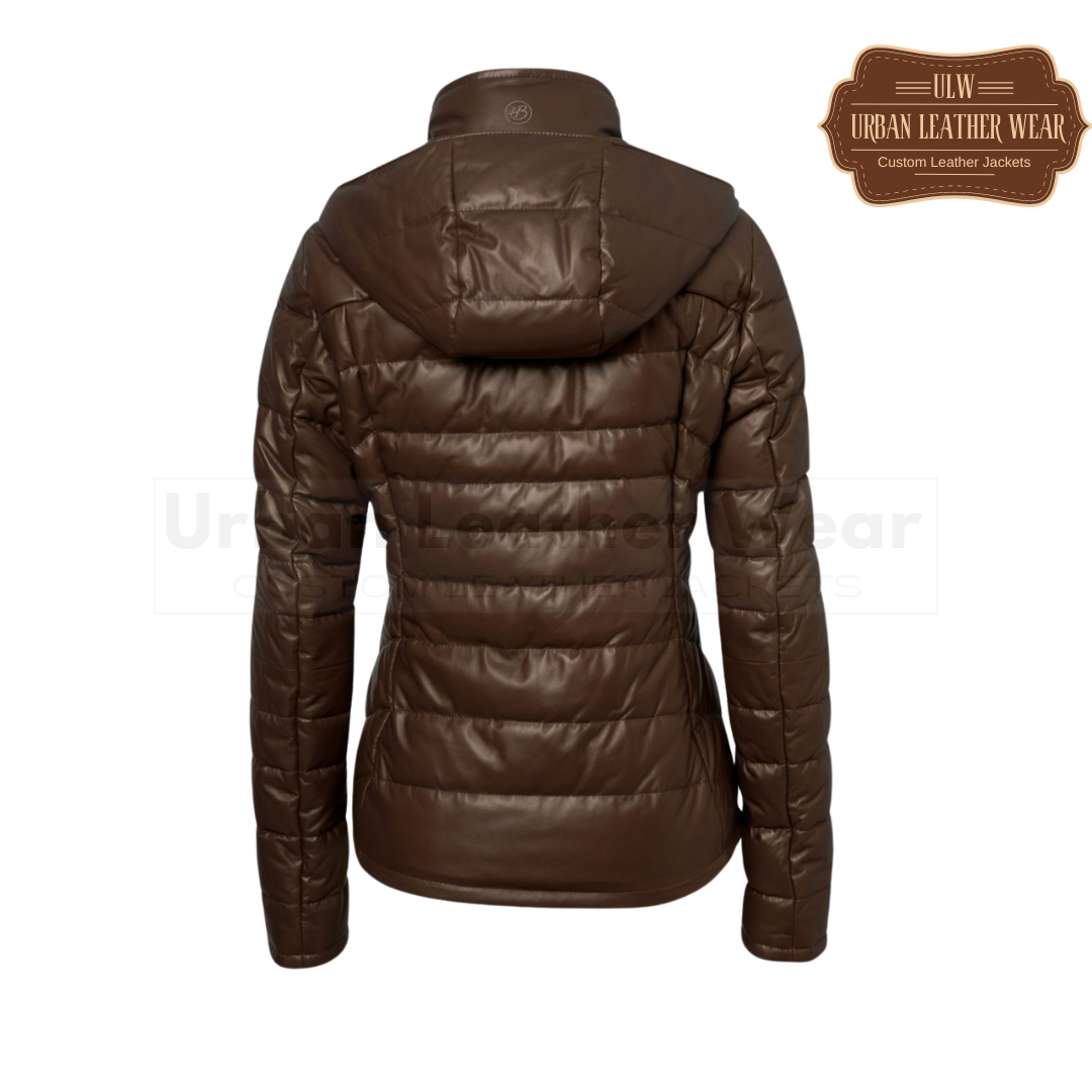 Ladies leather down jacket chocolate brown. Brown leather puffer jacket
