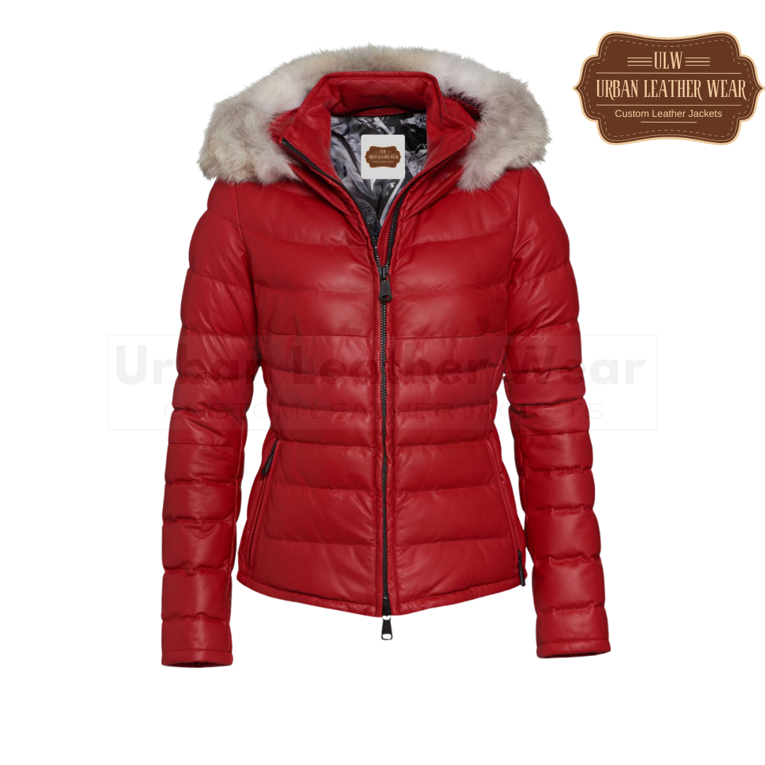 Ladies leather puffer down jacket (red)

