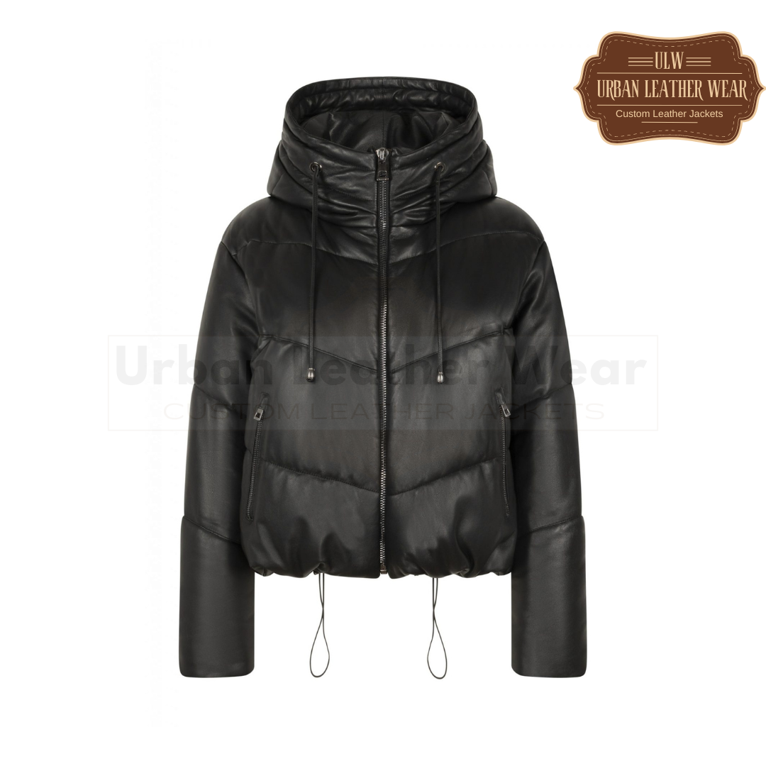 Women Leather puffer jacket (black)

