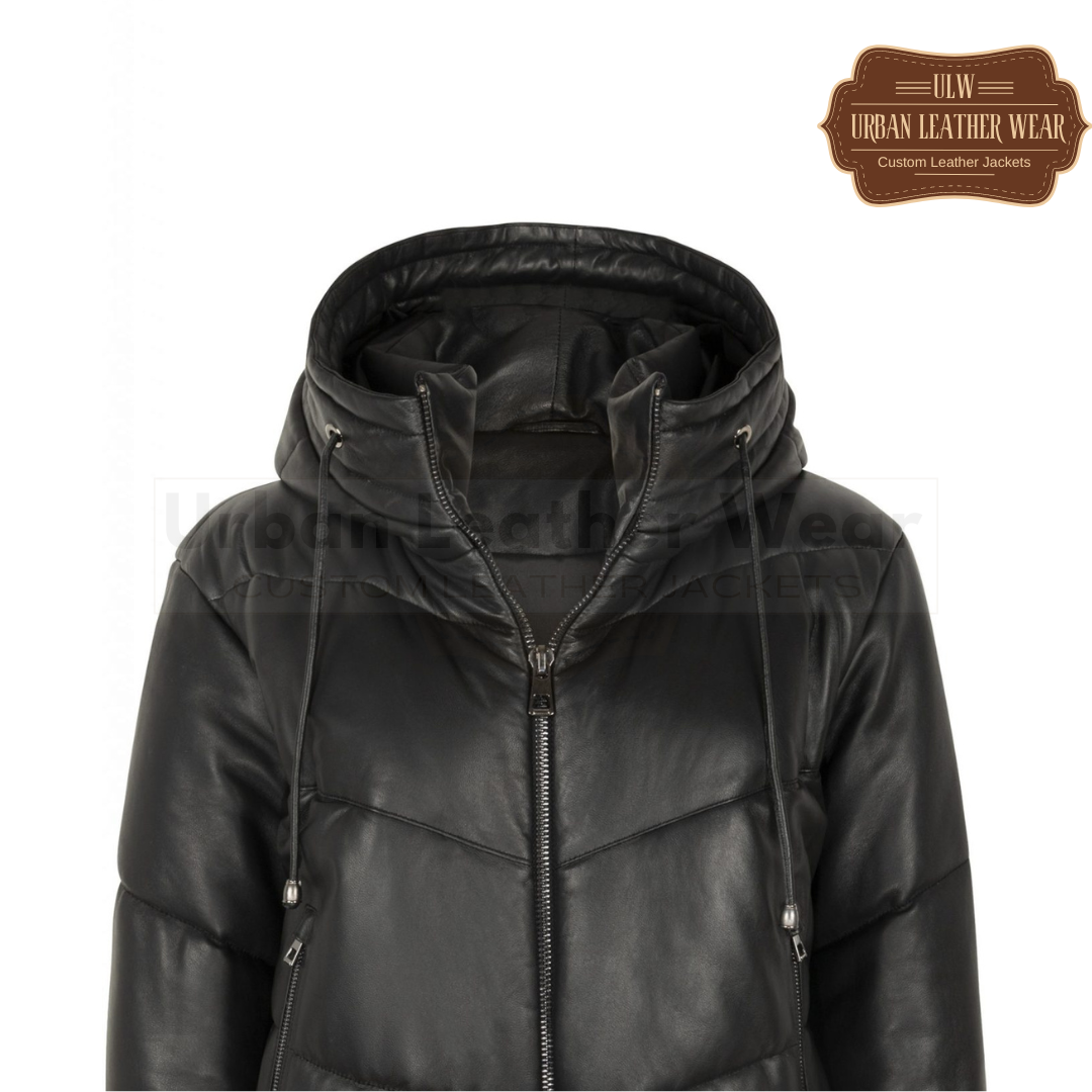 Women Leather puffer jacket (black)

