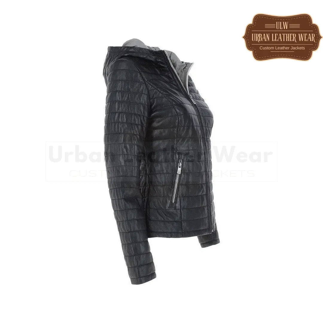 Ladies Hooded Quilted Real Leather jacket
