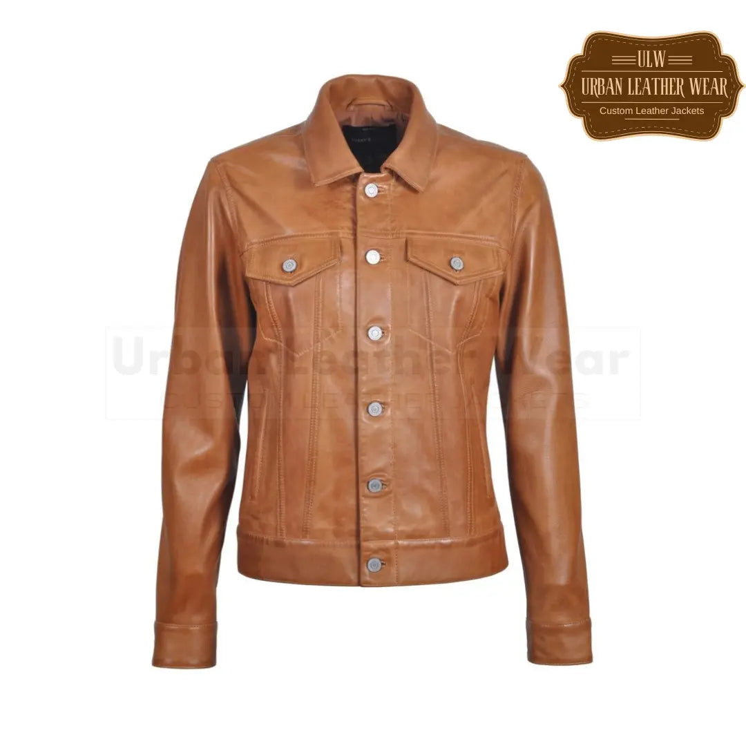 Shop our Ladies Leather Trucker Jacket in Brown! Made from high quality leather