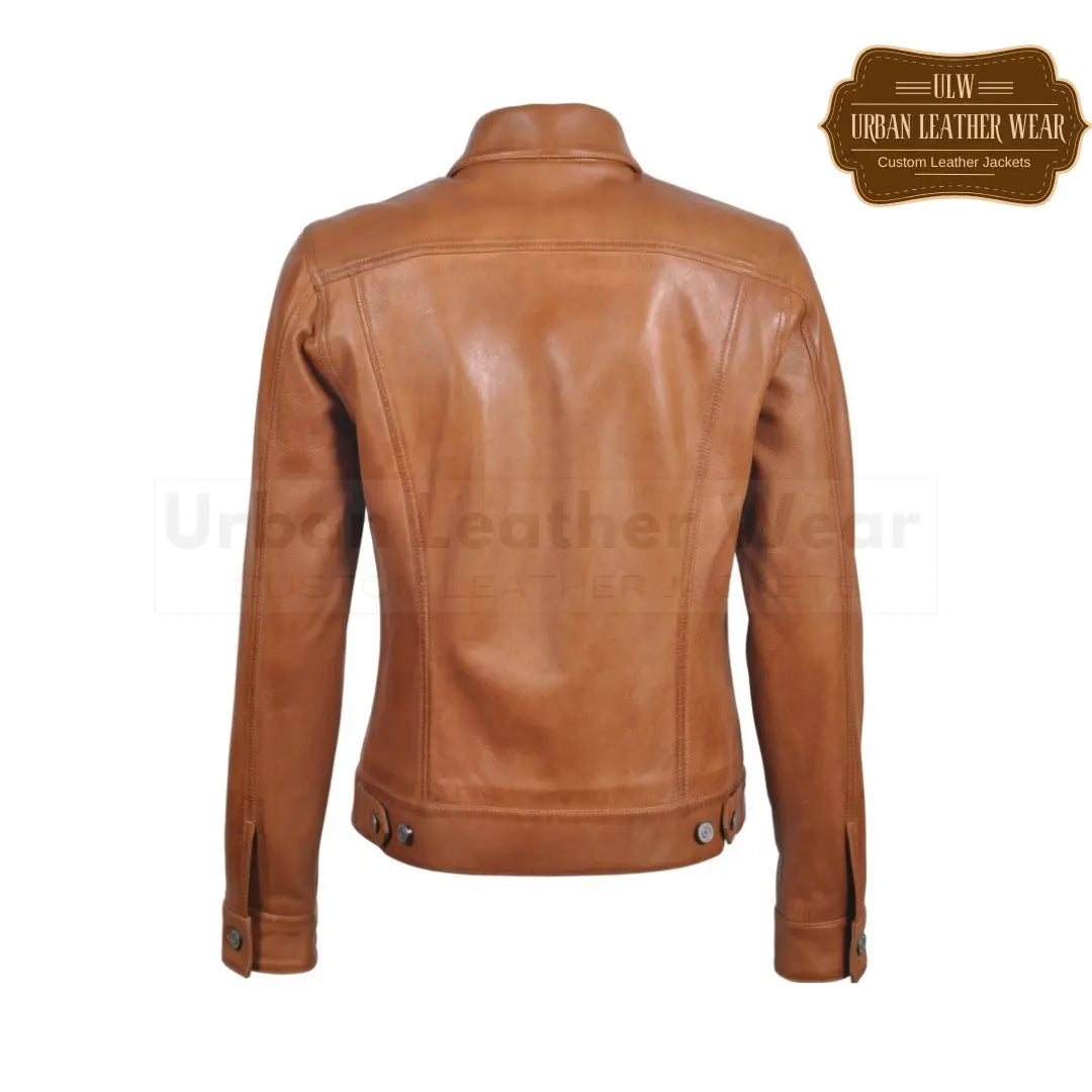 Shop our Ladies Leather Trucker Jacket in Brown! Made from high quality leather