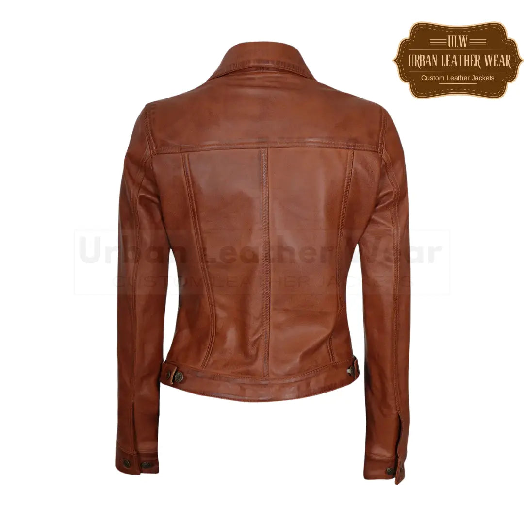 Shop our Ladies Leather Trucker Jacket in a classic Western style, perfect for casual wear.