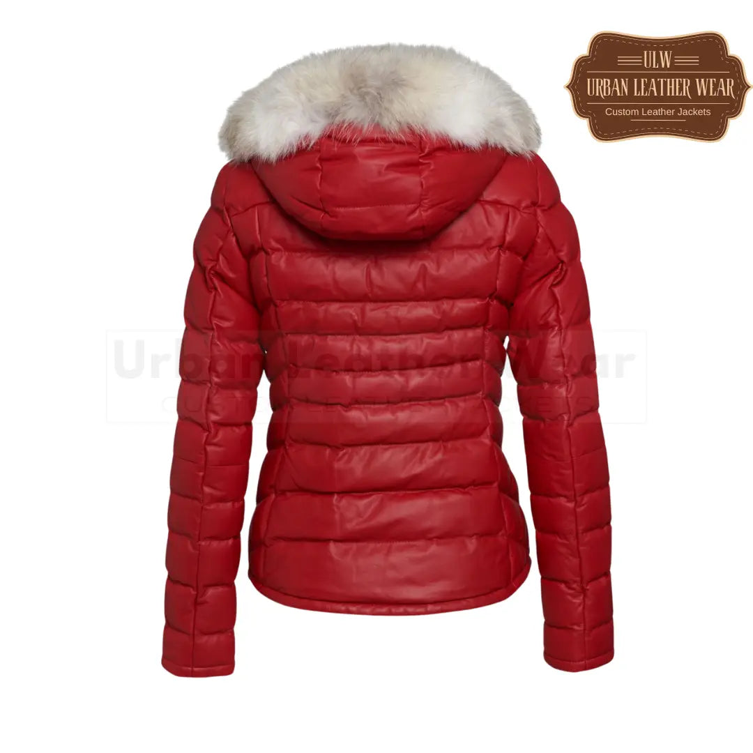 Ladies leather puffer down jacket (red)

